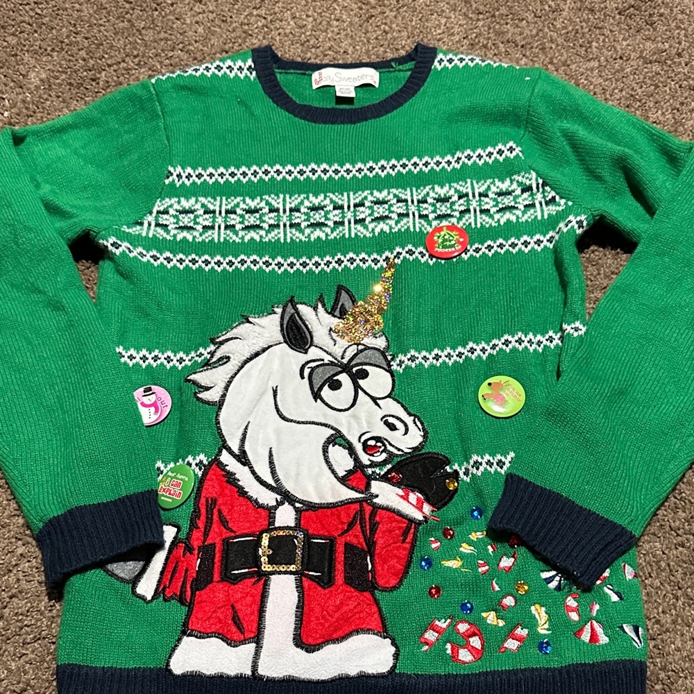 Festive Santa Unicorn Ugly Christmas Sweater Size Medium